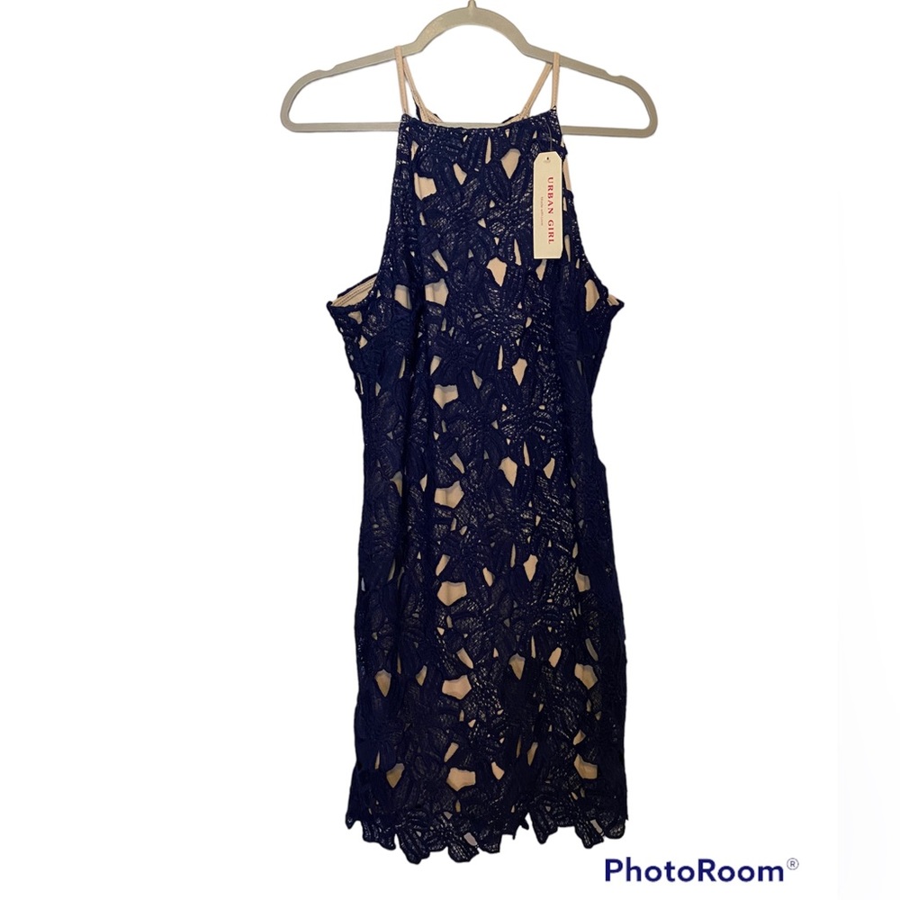 NWT URBAN GIRL NAVY BLUE LACE OVERLAY HIGH COLLAR MINI DRESS SIZE L